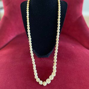 Art Rare Genuine Ivory Long Rose Bud Carved Flower Bead Vintage Wedding Necklace
